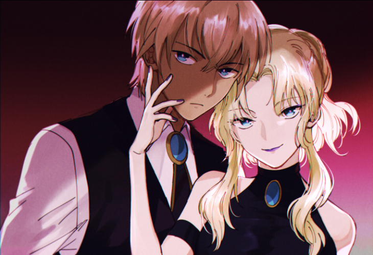 1boy 1girl amuro_tooru arm_belt bare_shoulders black_vest blonde_hair blue_eyes blue_gemstone brooch brown_hair closed_mouth collared_shirt dark-skinned_male dark_skin formal frown gem hair_between_eyes hanakan hand_on_another's_cheek hand_on_another's_face hand_up jewelry lipstick long_hair looking_at_viewer makeup meitantei_conan nail_polish parted_bangs ponytail portrait purple_lips purple_nails red_background shirt short_hair sidelocks sleeveless smile vermouth_(meitantei_conan) vest white_shirt