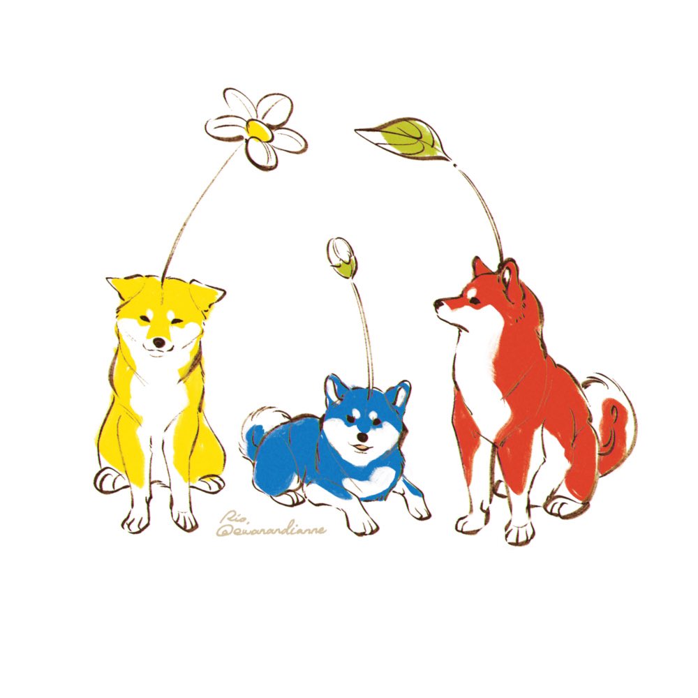 artist_name blue_fur commentary dog flower flower_on_head looking_at_viewer no_humans original pikmin_(series) red_fur rio_(ewanandlianne) simple_background white_background yellow_fur