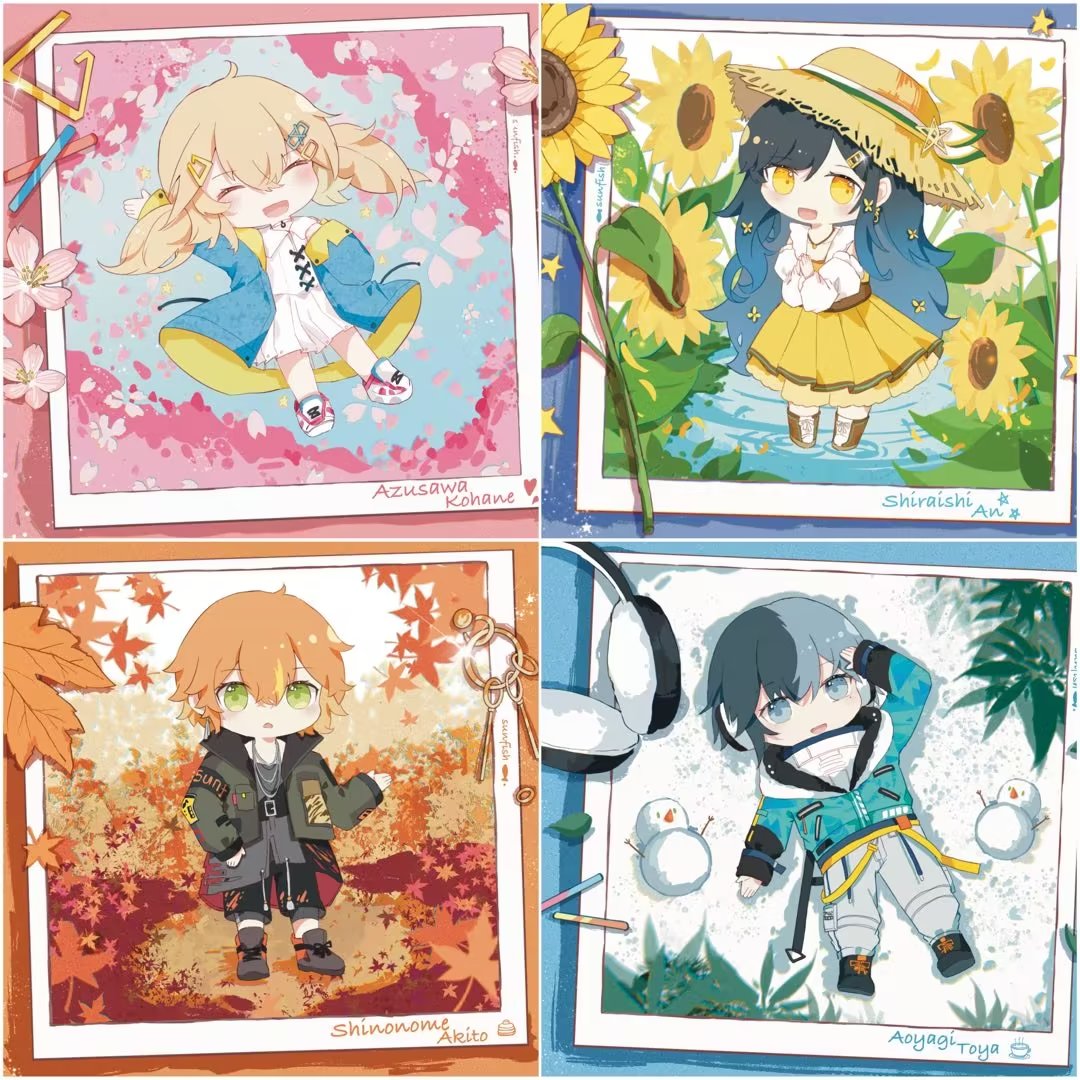 2boys 2girls :&lt; :d aoyagi_touya autumn autumn_leaves azusawa_kohane belt black_footwear black_hair black_shorts blonde_hair blue_eyes blue_hair blue_jacket blue_theme blush boots bow brown_footwear brown_hair brown_headwear character_name cherry_blossoms chibi choker closed_eyes collarbone collared_dress collared_jacket commentary_request cropped_jacket drawstring dress earmuffs facing_viewer falling_leaves falling_petals fang flower from_above full_body fur-trimmed_jacket fur_trim gradient_hair green_eyes grey_jacket grey_shirt hair_between_eyes hand_on_own_chest hand_on_own_head hand_up hat hat_bow headphones hood hood_down hooded_jacket jacket jewelry leaf legend_still_vivid_(project_sekai) long_bangs long_hair long_skirt long_sleeves looking_at_viewer loose_belt low_twintails lying male_focus maple_leaf multicolored_hair multiple_boys multiple_girls necklace off_shoulder official_alternate_costume on_back open_clothes open_jacket open_mouth orange_eyes orange_hair orange_theme own_hands_together pants parted_bangs pendant petals pink_theme pleated_dress pleated_skirt polaroid project_sekai puddle raised_eyebrows same_dreams_same_colors_(project_sekai) seasons shinonome_akito shiraishi_an shirt shoes short_hair short_twintails shorts sidelocks skirt smile sneakers snow_angel snowman spring_(season) standing star_(symbol) steepled_fingers straight-on straight_hair straw_hat streaked_hair summer sunfish3939 sunflower the_vivid_old_tale_(project_sekai) twintails two-sided_fabric two-sided_jacket two-tone_hair vivid_bad_squad_(project_sekai) white_choker white_dress white_footwear white_pants white_shirt winter winter_clothes yellow_flower yellow_jacket yellow_skirt