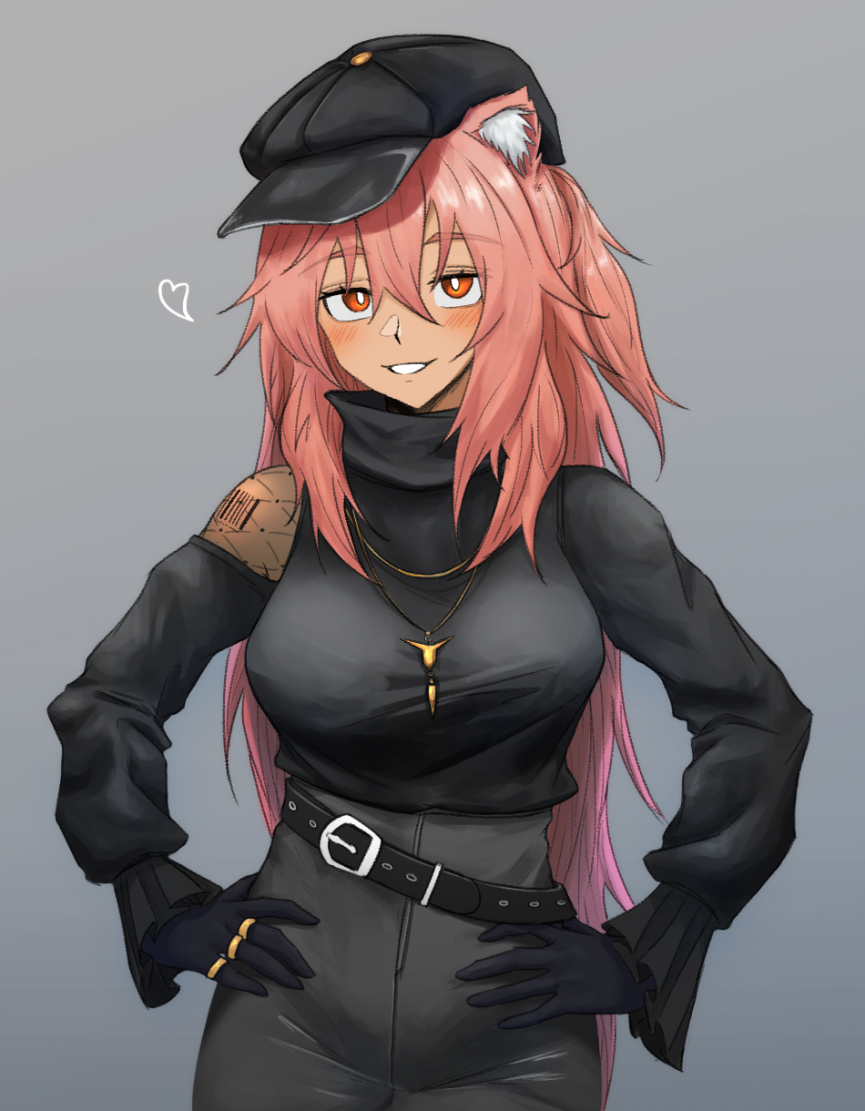 1girl animal_ear_fluff arknights arm_tattoo barcode barcode_tattoo belt black_belt black_gloves black_headwear black_shirt black_shorts blush breasts cabbie_hat clothing_cutout commentary cowboy_shot dokonjou_(odossan) english_commentary fishnets gloves gravel_(arknights) gravel_(modeling_night)_(arknights) grey_background hair_between_eyes hands_on_own_hips hat heart high-waist_shorts highres jewelry long_hair looking_at_viewer medium_breasts multiple_rings necklace official_alternate_costume parted_lips pink_hair prairie_dog_ears prairie_dog_girl red_eyes ring shirt shorts shoulder_cutout simple_background smile solo standing tattoo turtleneck