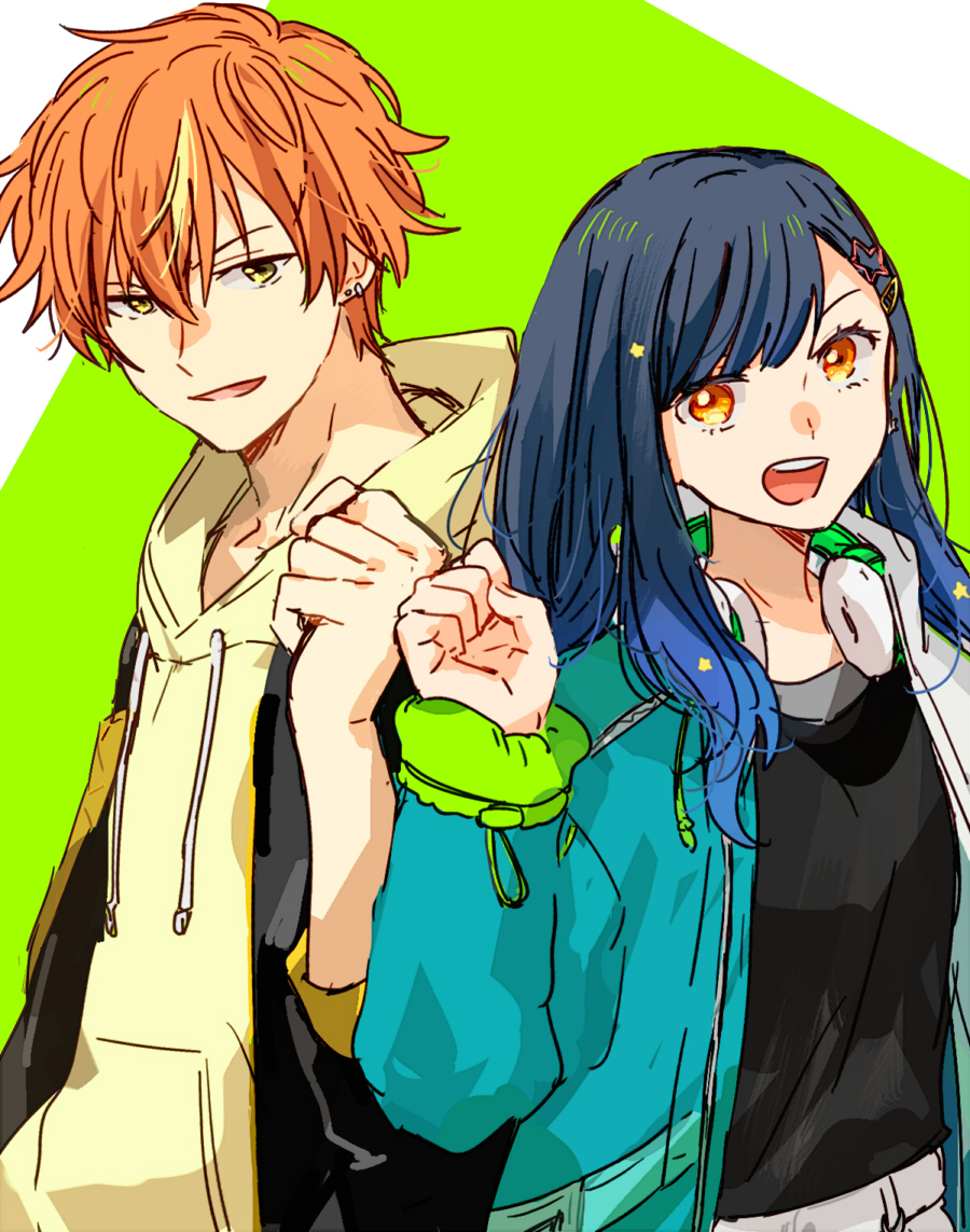 1boy 1girl black_hair blonde_hair blue_hair clenched_hand commentary_request drawstring earrings gradient_hair green_eyes hair_ornament headphones headphones_around_neck hinata_(ryohinata) hood hood_down hoodie jacket jewelry long_hair long_sleeves looking_at_viewer multicolored_hair open_clothes open_jacket open_mouth orange_eyes orange_hair project_sekai shinonome_akito shiraishi_an short_hair sleeves_past_elbows star_(symbol) star_hair_ornament streaked_hair stud_earrings teeth two-tone_background two-tone_hair upper_body upper_teeth_only yellow_hoodie