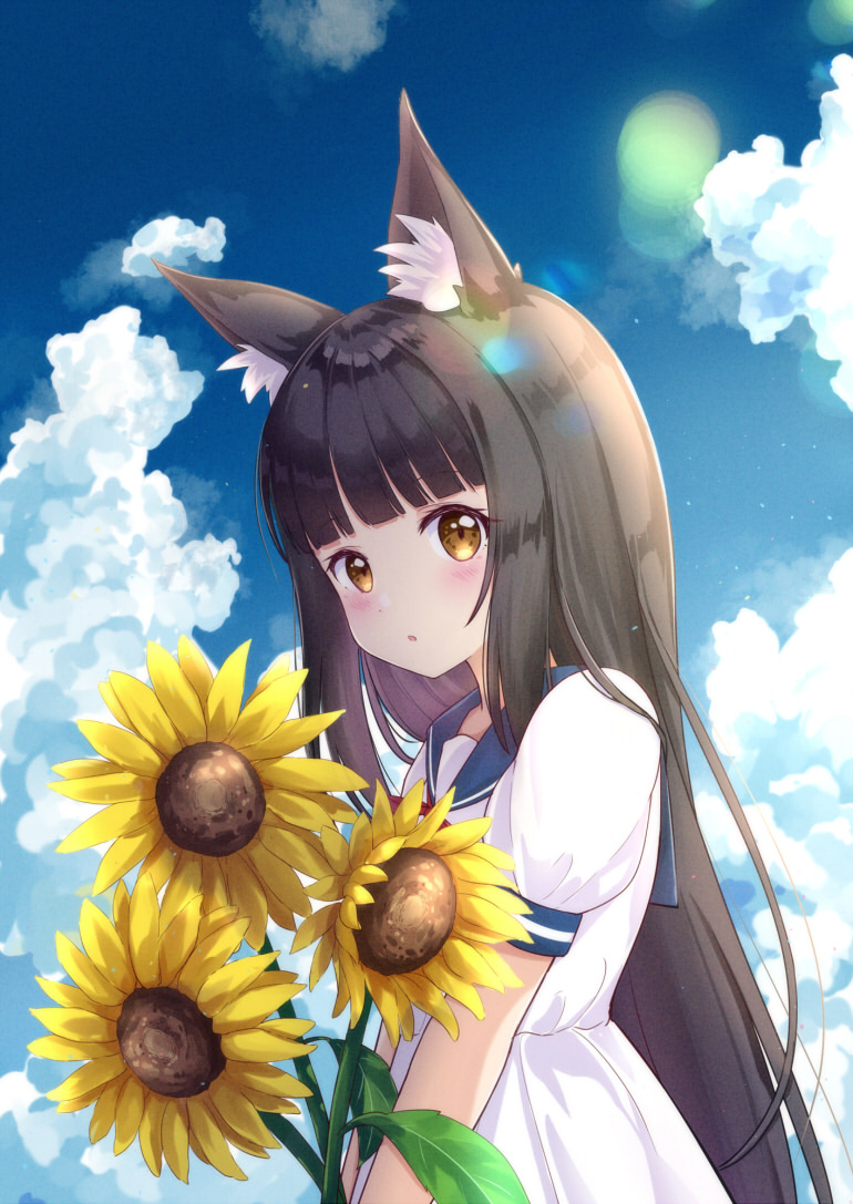 1girl :o alternate_costume animal_ear_fluff animal_ears azur_lane black_hair blue_sailor_collar blue_sky blunt_bangs blush chinese_commentary clouds commentary_request dress flower fox_ears fox_girl from_side long_hair looking_at_viewer m_ko_(maxft2) nagato_(azur_lane) paid_reward_available parted_lips partial_commentary puffy_short_sleeves puffy_sleeves sailor_collar sailor_dress short_sleeves sky solo upper_body white_dress yellow_eyes yellow_flower