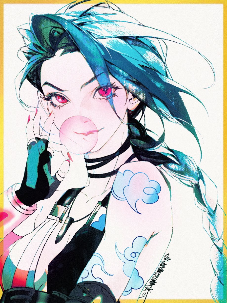 1girl arm_tattoo artist_name asymmetrical_bangs black_gloves blue_hair border braid breasts chewing_gum crop_top cropped_torso fingerless_gloves gloves hair_over_one_eye hand_up highres jian_tai_(cuoyu0) jinx_(league_of_legends) league_of_legends light_blush long_hair looking_at_viewer nail_polish ok_sign pale_skin pink_eyes pink_nails shoulder_tattoo signature simple_background smile solo tattoo twin_braids upper_body white_background yellow_border