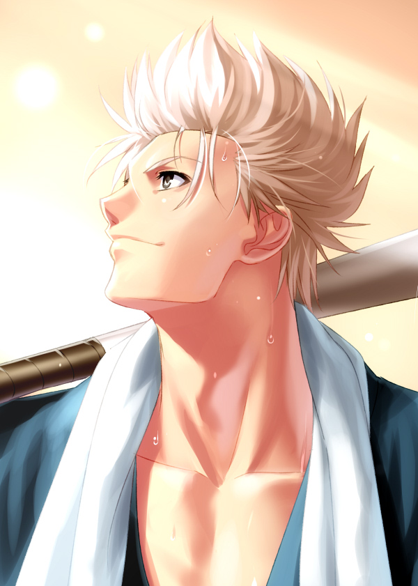 1boy baseball_bat blue_kimono brown_eyes close-up closed_mouth collarbone commentary_request grey_hair japanese_clothes kimono lips little_busters! looking_afar miyazawa_kengo nose orange_background profile short_hair sidelighting simple_background smile solo spiky_hair sunset sweat towel towel_around_neck v-shaped_eyebrows zen_(kamuro)