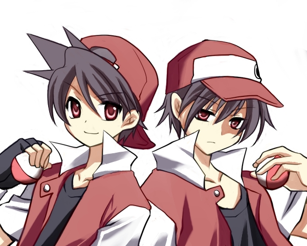 backwards_hat bad_id baseball_cap black_hair colored dual_persona hat holding holding_poke_ball miua miyu_(matsunohara) multiple_boys poke_ball pokemon pokemon_(game) pokemon_special popped_collar red_(pokemon) red_(pokemon)_(classic) red_eyes short_hair short_sleeves simple_background smile