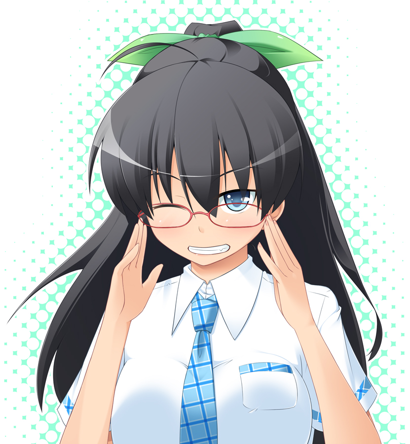 bespectacled black_hair blue_eyes ganaha_hibiki glasses grin hands idolmaster long_hair ponytail rough_time_school school_uniform smile solo