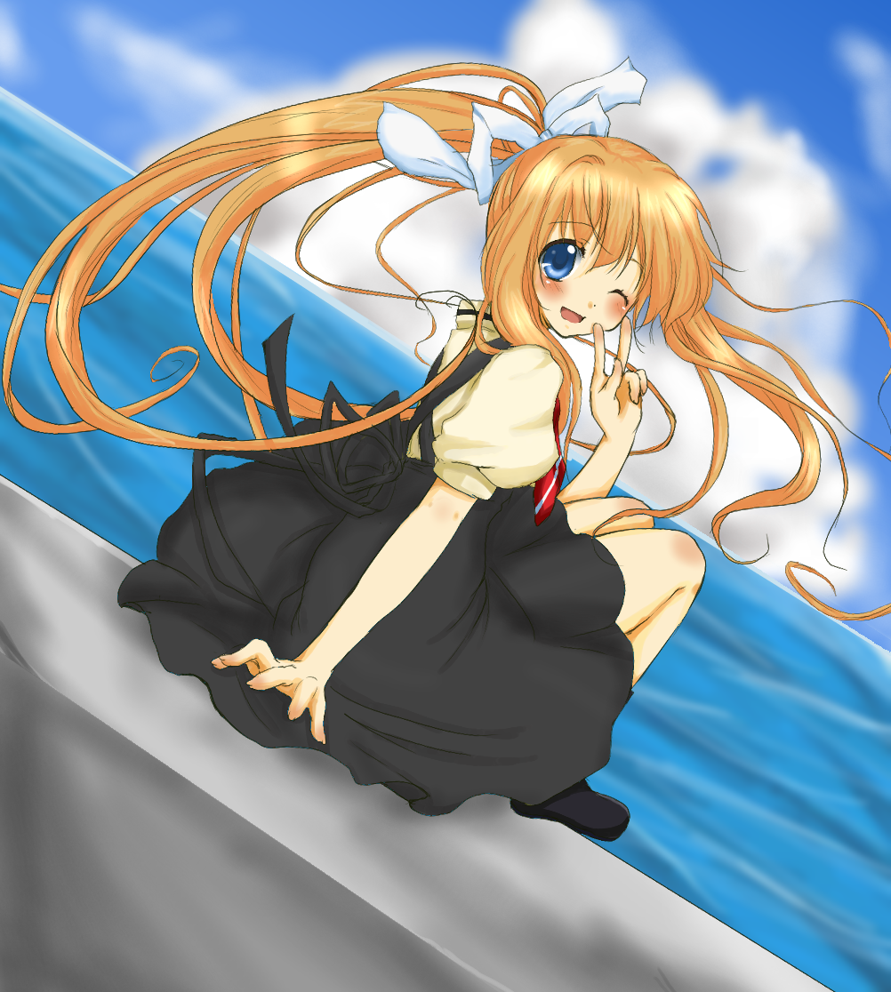 colored dutch_angle hair_ribbon kamio_misuzu koyume long_hair looking_back ponytail ribbon school_uniform v wink