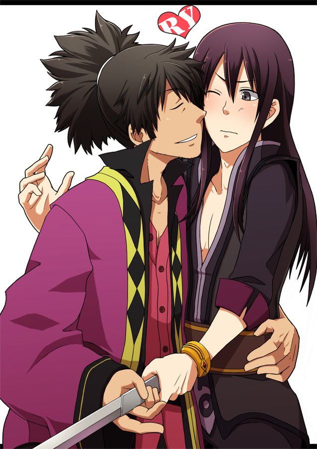 black_eyes black_hair blade blush closed_eyes hug male multiple_boys nakamura_hiro_(nobody10ch) ponytail raven smile tales_of_(series) tales_of_vesperia white_background wince yuri_lowell