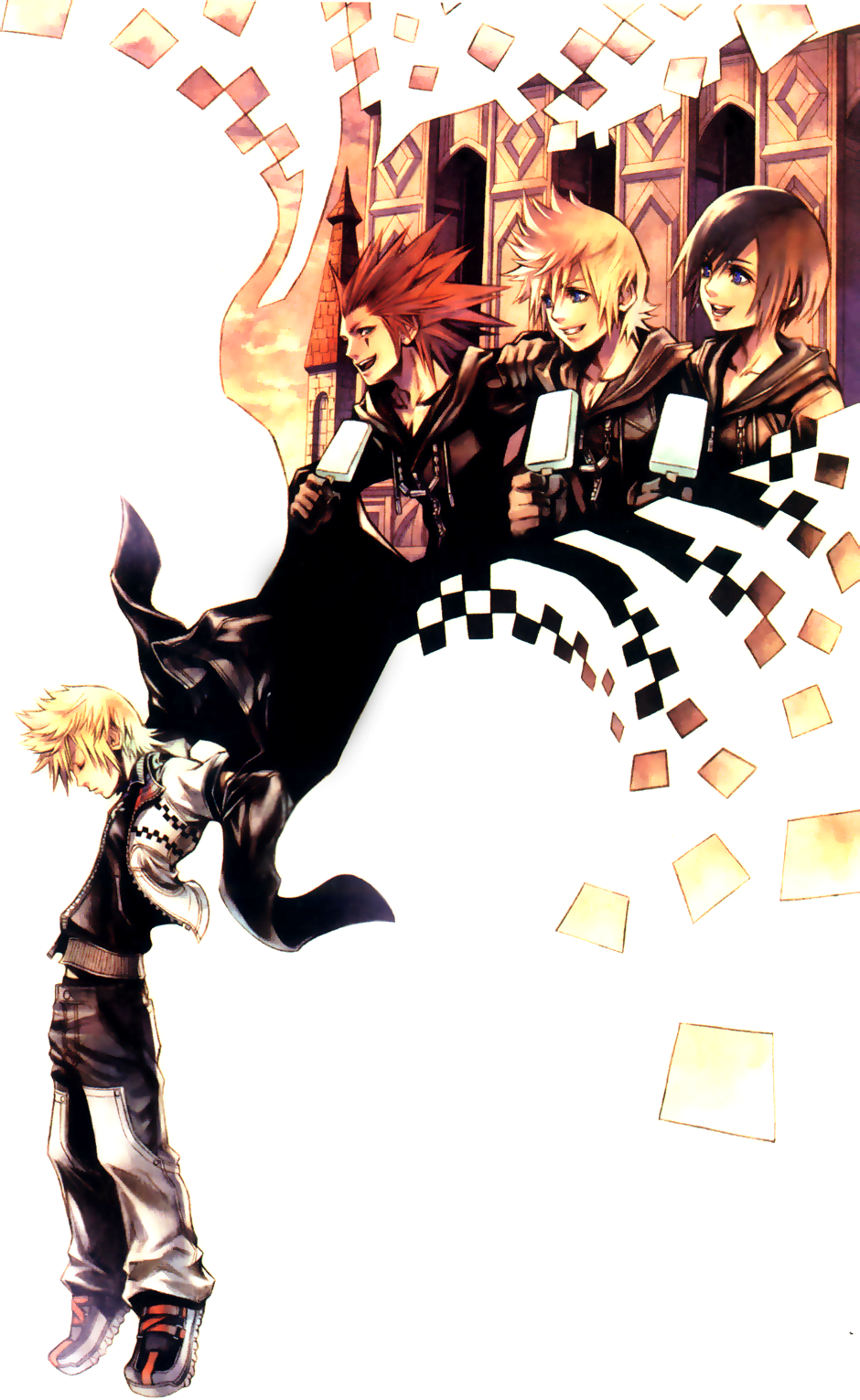 black_hair blonde_hair blue_eyes coat food gloves green_eyes highres hood ice_cream kingdom_hearts kingdom_hearts_358/2 kingdom_hearts_358/2_days nomura_tetsuya official_art open_mouth organization_xiii popsicle red_hair redhead roxas smile xion_(kingdom_hearts)