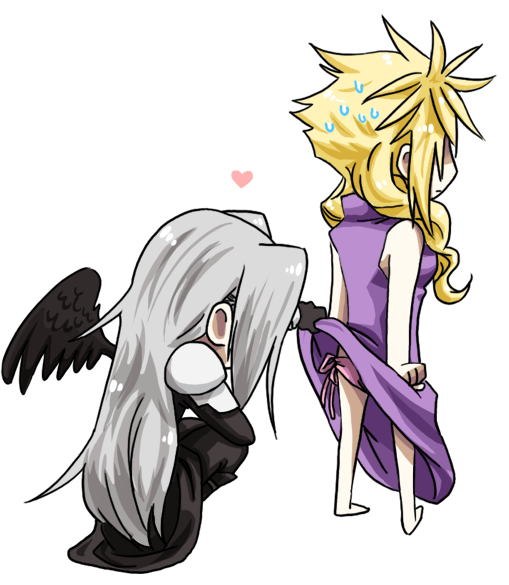 2boys blonde_hair clenched_hands cloud_strife dress dress_lift final_fantasy final_fantasy_vii from_behind gloves heart long_hair no_eyes panties pink_panties sephiroth side-tie_panties silver_hair simple_background single_wing squatting sweatdrop towo3 wings
