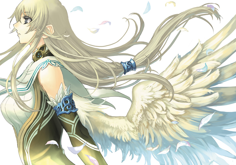 black_eyes blonde_hair breasts elbow_gloves feathers gloves large_breasts long_hair original ponytail profile ran'ou_(tamago_no_kimi) ranou solo wings