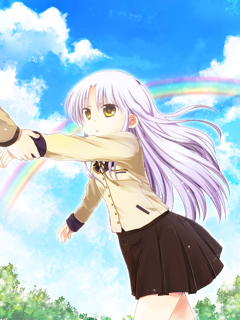 cloud dragging long_hair mina_m pulling purple_hair rainbow school_uniform sky tachibana_kanade yellow_eyes