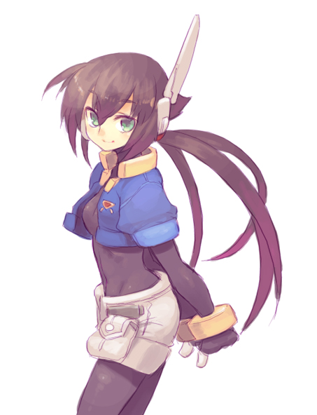 bodysuit breasts brown_hair flat_chest gloves green_eyes jacket ponytail robot_ears rockman rockman_zx shigehiro_(artist) short_shorts shorts smile