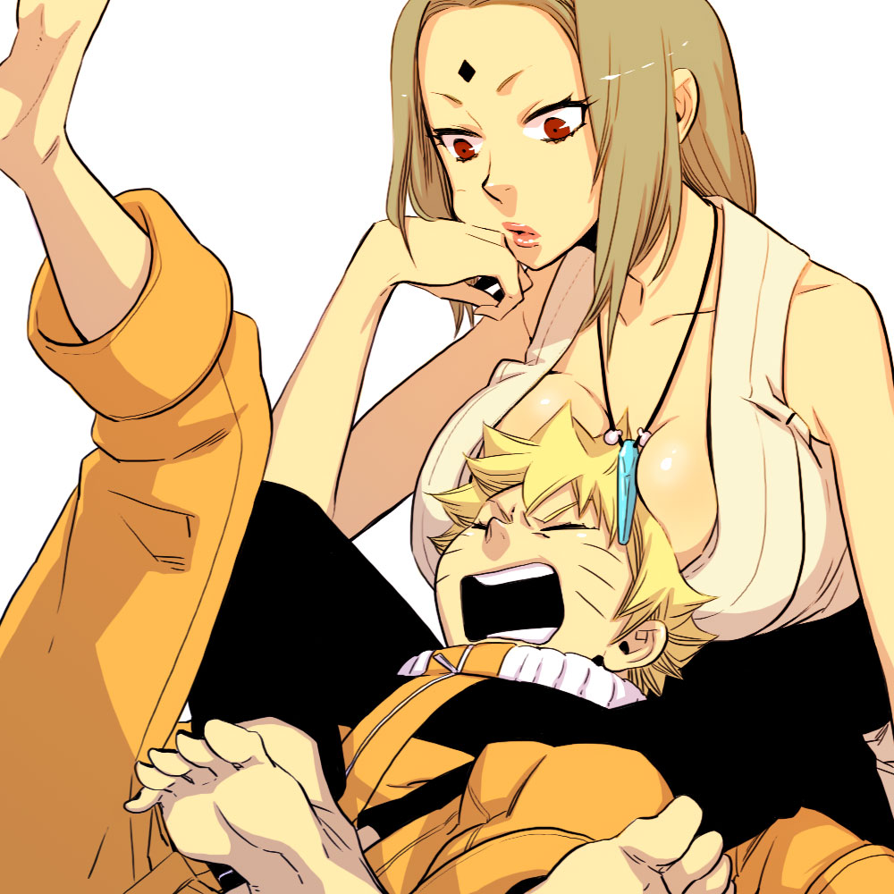 between_breasts big_breasts blonde_hair breast_pillow breasts chin_rest cleavage closed_eyes facial_mark feet forehead_mark jewelry large_breasts leg_up lips lipstick looking_down mushiba naruto naruto_shippuden necklace open_mouth pendant red_eyes simple_background spiked_hair spiky_hair tsunade turtleneck uzumaki_naruto