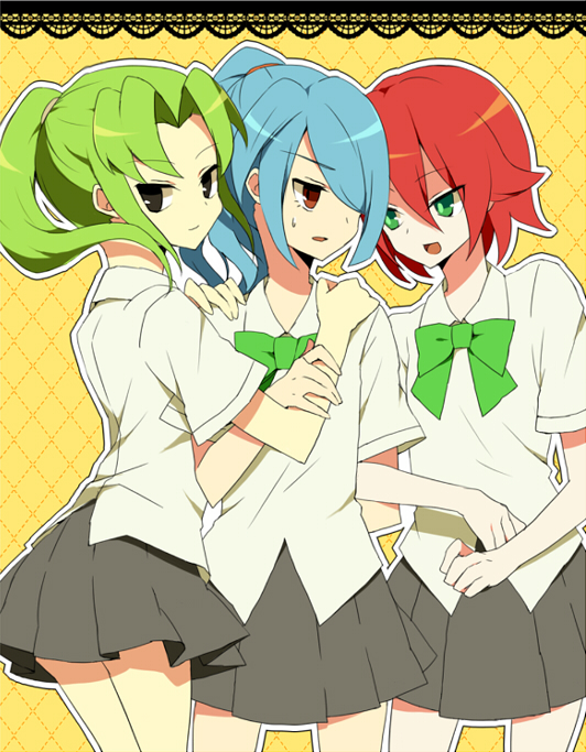 3boys blue_hair crossdressing green_hair hair_over_one_eye inazuma_eleven kazemaru_ichirouta kiyama_hiroto long_hair midorikawa_ryuuji ponytail redhead short_hair skirt trap uniform