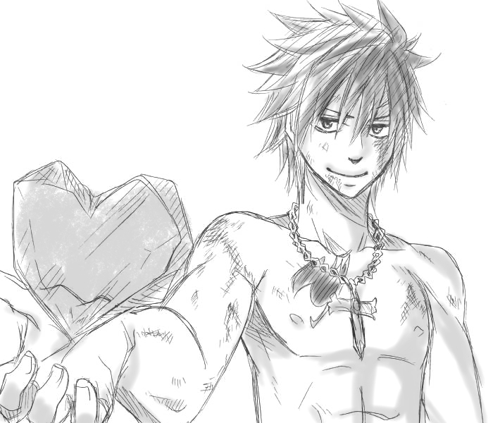 abs cross fairy_tail foreshortening gray_fullbuster hands heart ice jewelry male monochrome necklace nipples sketch smile solo spiky_hair sword tattoo topless weapon