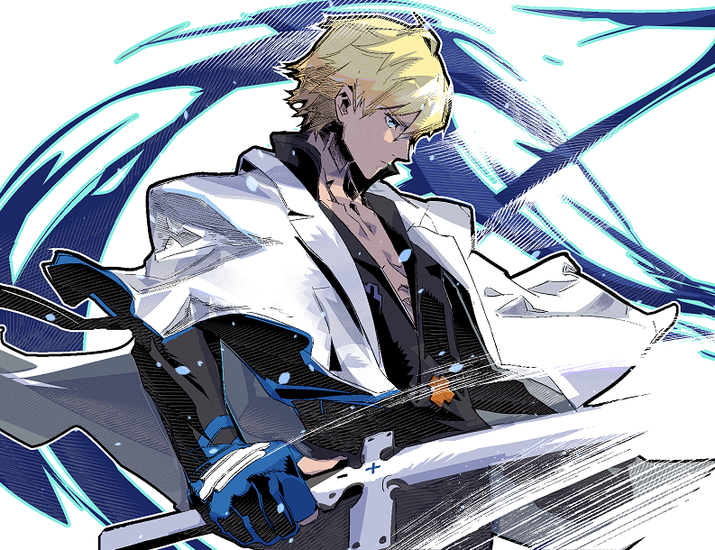 1boy blonde_hair blue_eyes blue_gloves cofffee gloves guilty_gear guilty_gear_strive holding holding_sword holding_weapon jacket jacket_on_shoulders ky_kiske long_sleeves male_focus partially_fingerless_gloves pectoral_cleavage pectorals short_hair simple_background sword thunderseal weapon white_jacket