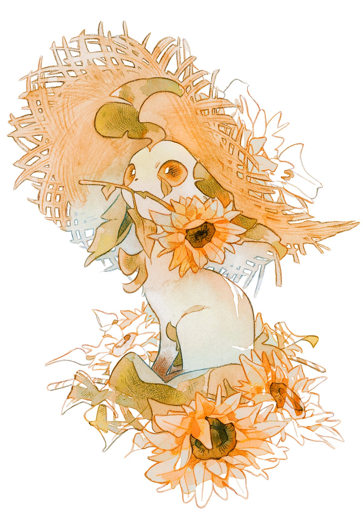 clothed_pokemon flower full_body hat highres leafeon looking_up mouth_hold no_humans oharu-chan orange_flower pokemon pokemon_(creature) sitting solo straw_hat white_background
