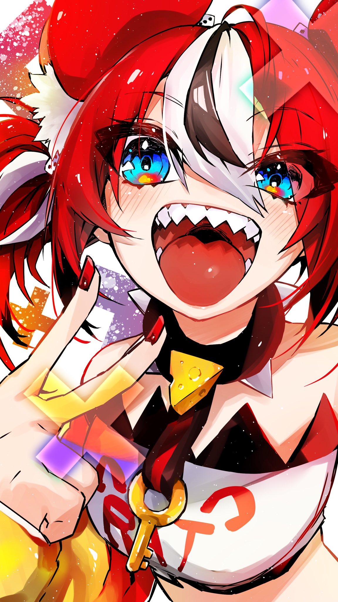 1girl :d ahoge animal_ear_fluff animal_ears blue_eyes blush cheese collar crop_top dice_hair_ornament food hair_between_eyes hair_ornament hakos_baelz highres hololive hololive_english key looking_at_viewer mouse_ears mouse_girl multicolored_hair nez_n red_nails redhead sharp_teeth smile spiked_collar spikes swiss_cheese teeth upper_teeth_only v virtual_youtuber x