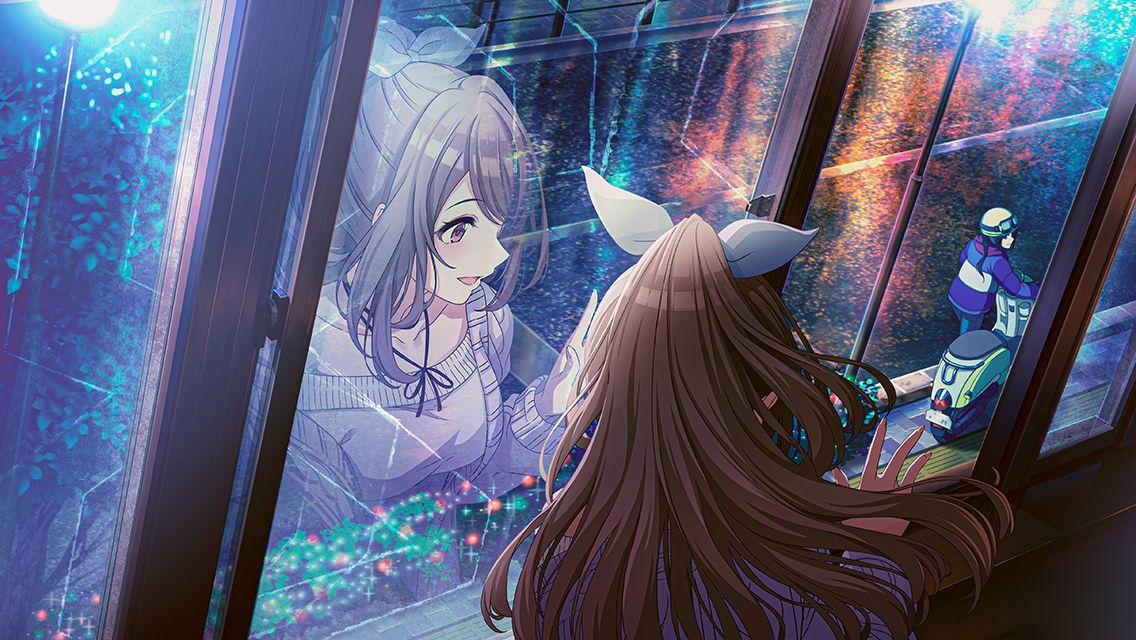 2girls :d asymmetrical_clothes black_hair bow braid breasts brown_eyes brown_hair coat denim from_behind game_cg goggles goggles_on_headwear hair_bow hand_on_glass idolmaster idolmaster_shiny_colors jeans lamppost large_breasts long_hair mitsumine_yuika motor_vehicle multiple_girls neck_ribbon official_art pants parted_lips ponytail purple_coat reflection reflective_floor ribbon road scooter sidelocks smile street sweater tsukioka_kogane twin_braids vespa walking white_bow window