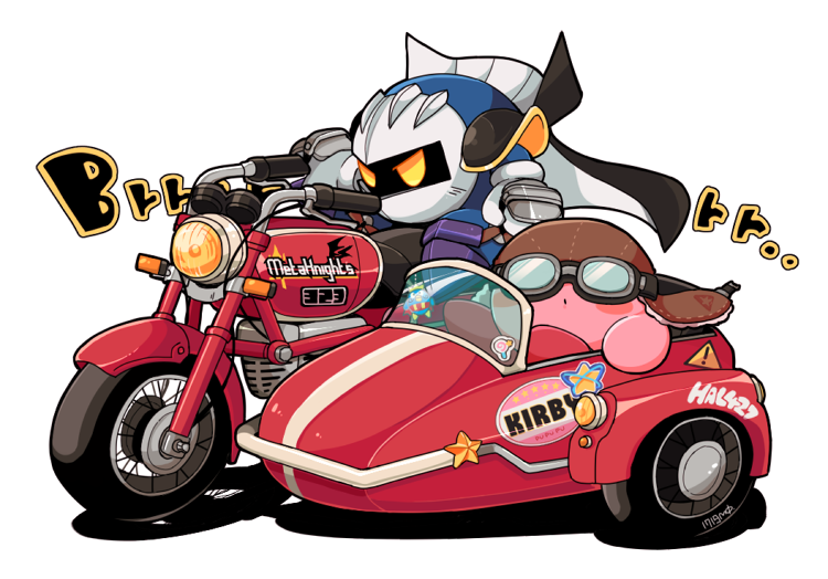 :o armor armored_boots aviator_cap black_cape blush blush_stickers boots brown_headwear cape character_name closed_mouth collared_cape commentary_request gloves goggles handlebar hat headlight kirby kirby_(series) mask meta_knight midooka_(o_k_k) motor_vehicle motorcycle on_motorcycle pauldrons purple_footwear shadow shoulder_armor sidecar sign simple_background sitting sound_effects star_(symbol) sticker two-sided_cape two-sided_fabric v-shaped_eyebrows vehicle_focus warning_sign white_background white_gloves