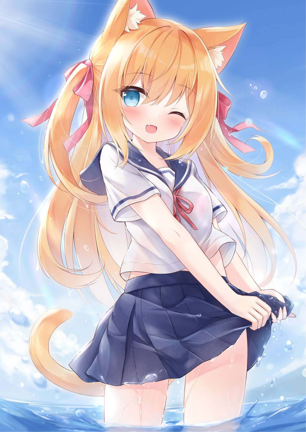 1girl animal_ear_fluff animal_ears blonde_hair blue_eyes blue_skirt blush cat_ears cat_girl cat_tail clothes_lift clouds highres lifted_by_self long_hair looking_at_viewer mochizuki_riku one_eye_closed open_mouth original outdoors pleated_skirt ribbon school_uniform serafuku shirt short_sleeves skirt skirt_lift sky smile solo tail thighs two_side_up wading water white_shirt