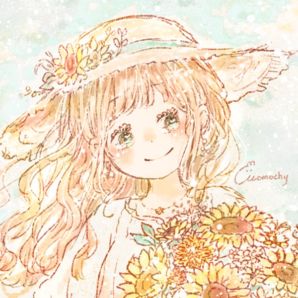 1girl artist_name blush bouquet bright_pupils brown_hair closed_mouth colored_eyelashes commentary day dot_nose dress floating_hair flower hat hat_flower head_tilt holding holding_bouquet jewelry light_blue_background looking_at_viewer momochy multicolored_background necklace original outdoors pastel_colors portrait signature smile solo summer sun_hat sunflower upper_body wavy_hair white_background white_dress white_flower yellow_flower yellow_headwear