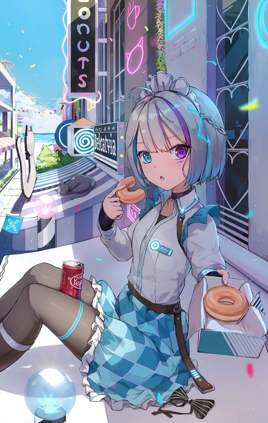 1girl ahoge animal between_thighs black_cat black_pantyhose blue_eyes blue_hair blue_skirt blue_sky box braid brick_wall can cat checkered_clothes checkered_skirt chestnut_mouth clouds collared_shirt commentary_request day doughnut dr_pepper dress_shirt feet_out_of_frame food frilled_skirt frills grey_hair heterochromia highres holding holding_box holding_food horizon knees_up liclac long_sleeves looking_at_viewer maid multicolored_hair neon_lights ocean original outdoors pantyhose parted_lips pastry_box purple_hair shirt skirt sky solo streaked_hair violet_eyes water white_shirt window