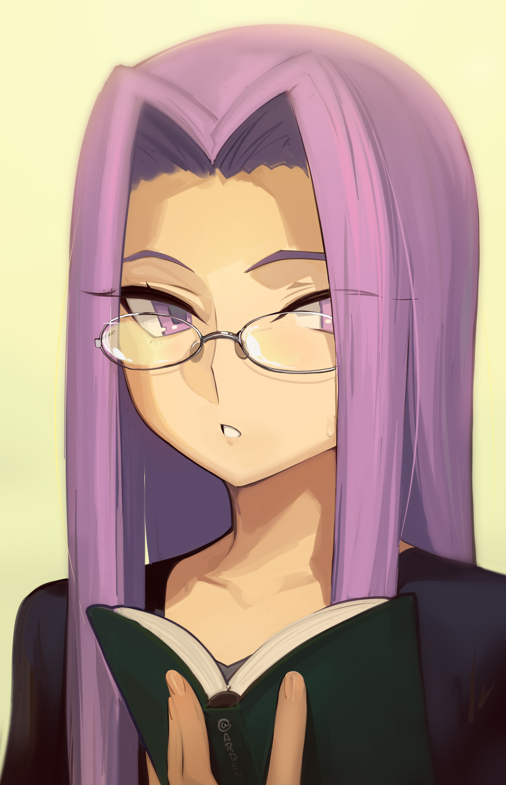 1girl black_shirt boa_(brianoa) book collarbone english_commentary fate/stay_night fate_(series) glasses hair_intakes highres holding holding_book long_hair medusa_(fate) medusa_(rider)_(fate) portrait purple_hair shirt solo violet_eyes