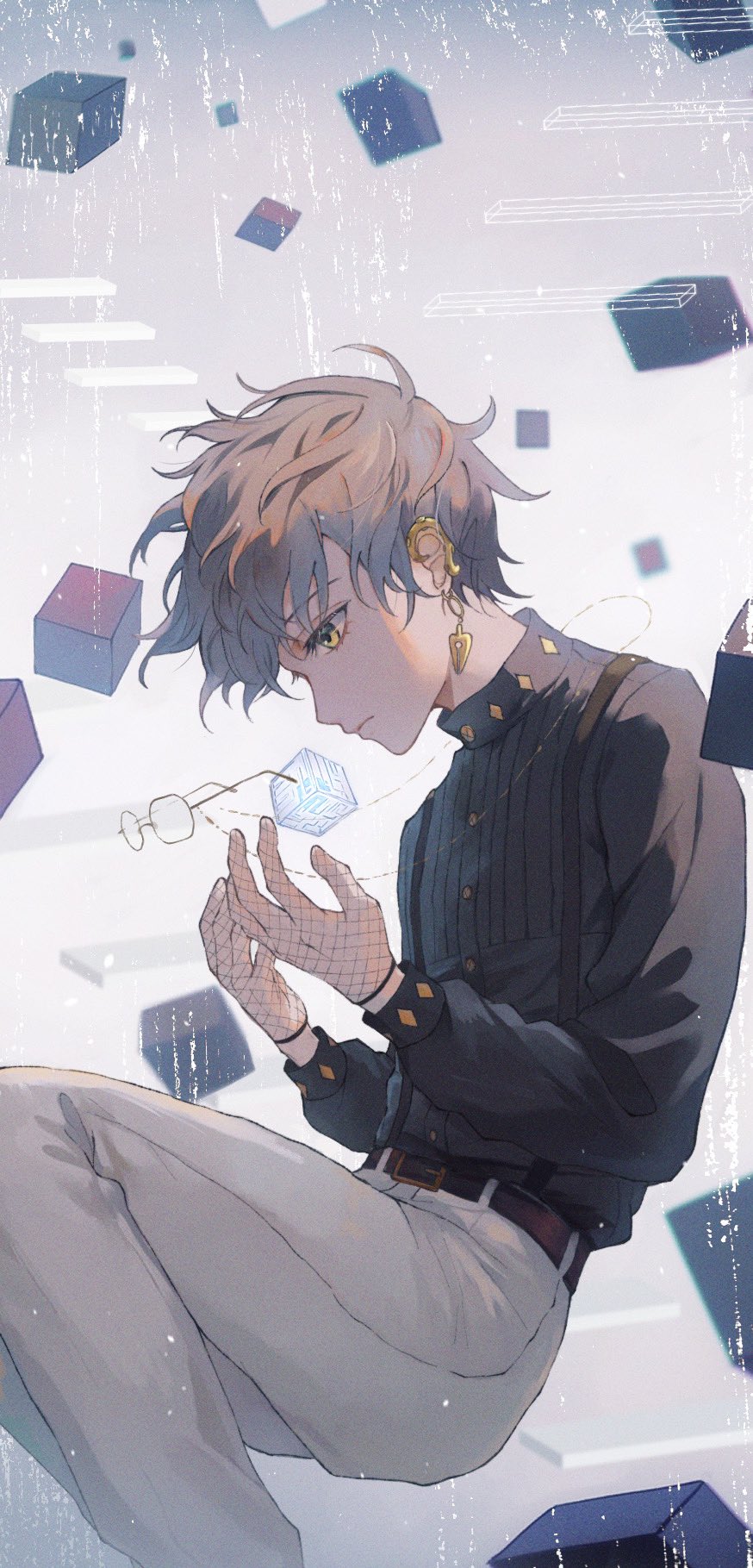1boy belt black_belt black_sweater brown_hair closed_mouth cub ear_piercing earrings fishnet_gloves fishnets floating floating_object glasses gloves gradient_hair green_eyes hair_between_eyes highres ike_eveland jewelry long_sleeves looking_down male_focus multicolored_hair necklace nijisanji nijisanji_en object_floating_above_hand piercing shenlan_echo short_hair simple_background solo sweater virtual_youtuber