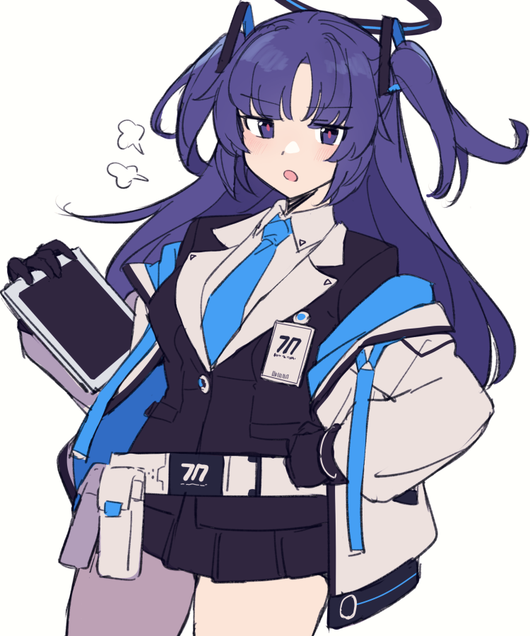 1girl ammunition_pouch belt blue_archive blue_eyes blue_hair blue_necktie do_m_kaeru halo hand_on_own_hip holding holding_tablet_pc jacket long_hair looking_at_viewer necktie open_mouth pleated_skirt pouch school_uniform short_twintails skirt solo tablet_pc twintails white_background white_belt white_jacket yuuka_(blue_archive)