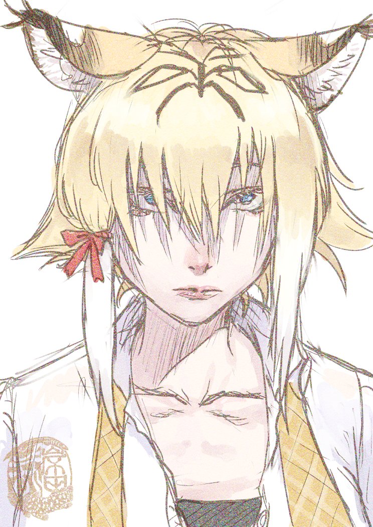1girl animal_ear_fluff animal_ears artist_logo black_hair blonde_hair blue_eyes closed_mouth collarbone expressionless eyebrows_hidden_by_hair kemono_friends kishida_shiki lips long_bangs looking_at_viewer multicolored_hair necktie open_clothes open_shirt shirt short_hair_with_long_locks simple_background smilodon_(kemono_friends) solo staring undone_necktie upper_body white_background white_hair white_shirt
