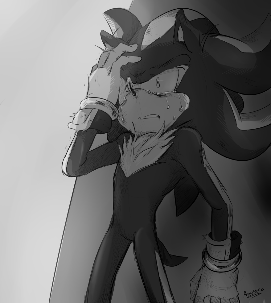 1boy aimy_neko animal_ears animal_nose artist_name body_fur bracelet crying crying_with_eyes_open furry furry_male gloves greyscale hand_on_own_head hand_up hedgehog hedgehog_ears hedgehog_tail jewelry looking_to_the_side male_focus monochrome shadow_the_hedgehog simple_background solo sonic_(series) standing tail tears teeth two-tone_fur wall