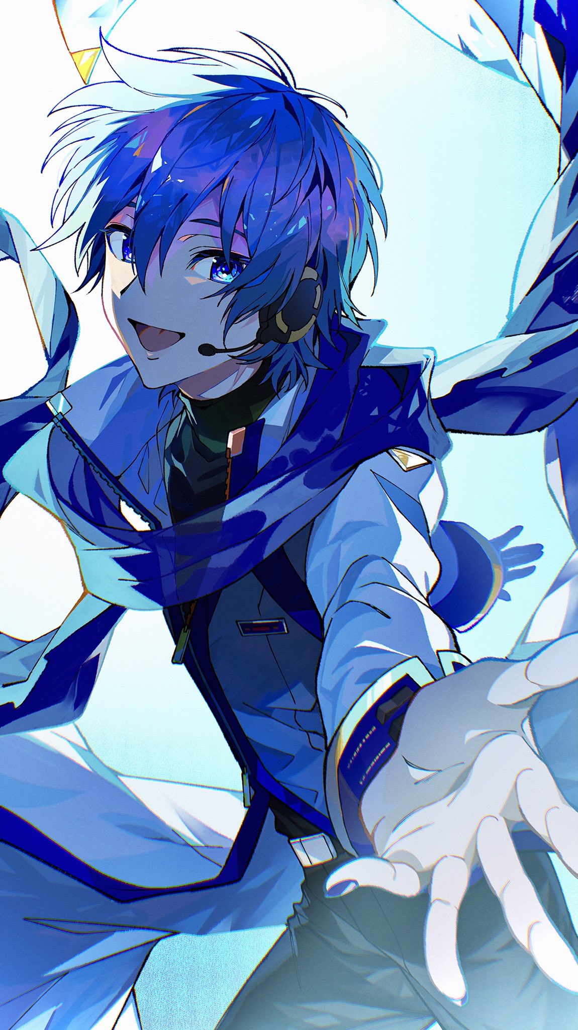 1boy belt belt_buckle black_pants black_sweater blue_eyes blue_hair blue_nails blue_scarf blue_theme buckle coat contrapposto cowboy_shot dark_blue_hair fingernails floating_hair gradient_background hair_between_eyes happy headset high_collar highres kaito_(vocaloid) kaito_(vocaloid3) light_blue_background male_focus open_mouth outstretched_hand pants partially_unzipped qmm_(qmm404) scarf see-through simple_background sweater tsurime turtleneck turtleneck_sweater vignetting vocaloid white_background white_coat zipper_pull_tab
