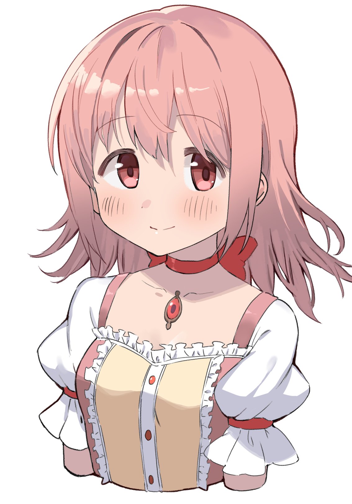 1girl alternate_hairstyle arms_at_sides black_outline breasts buttons center_frills choker closed_mouth cocoa_(ultra_mdk) collarbone cropped_torso dot_nose facing_viewer frilled_sleeves frills hair_between_eyes hair_down highres kaname_madoka light_blush light_smile looking_to_the_side mahou_shoujo_madoka_magica mahou_shoujo_madoka_magica_(anime) medium_hair messy_hair outline pink_eyes pink_hair puffy_short_sleeves puffy_sleeves red_choker red_ribbon ribbon ribbon_choker short_sleeves sidelocks sideways_glance simple_background small_breasts solo soul_gem tareme upper_body white_background