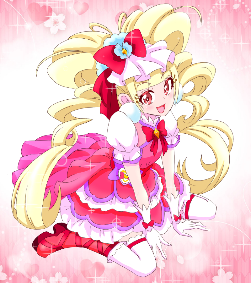 1girl aisaki_emiru blonde_hair blunt_bangs boots bow bowtie commentary cure_macherie dress drill_hair eyelashes full_body gloves hat hat_bow heart hugtto!_precure layered_dress long_hair magical_girl open_mouth pink_background pouch precure puffy_short_sleeves puffy_sleeves red_bow red_bowtie red_dress red_eyes red_footwear sakuramon short_dress short_sleeves single_horizontal_stripe sitting smile solo sparkle thigh-highs twin_drills twintails very_long_hair wariza white_gloves white_headwear white_thighhighs yagasuri zerolay