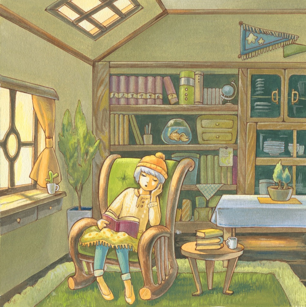 ambiguous_gender beanie blue_pants book bookshelf chair cup curtains fish fishbowl hat indoors kumomachi open_book original pants rocking_chair shadow shoes short_hair solo sweater white_hair wide_shot window yellow_footwear yellow_headwear yellow_sweater