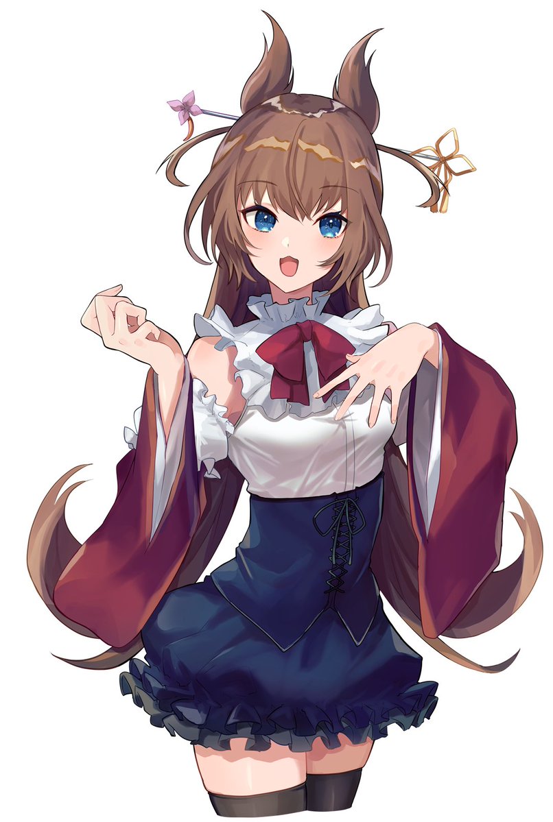 1girl :d animal_ears archived_source ascot black_thighhighs blue_corset blue_eyes blue_skirt breasts brown_hair corset cropped_legs cross-laced_clothes cross-laced_corset detached_sleeves dog_ears dog_girl enoki_hatoko flower frilled_shirt frilled_shirt_collar frills gesture_request hair_flower hair_ornament hair_stick high-waist_skirt hirasaka_mei_(vtuber) indie_virtual_youtuber light_blush red_ascot red_sleeves shirt simple_background skindentation skirt small_breasts smile tassel tassel_hair_ornament taut_clothes taut_shirt thigh-highs virtual_youtuber white_background white_shirt wide_sleeves