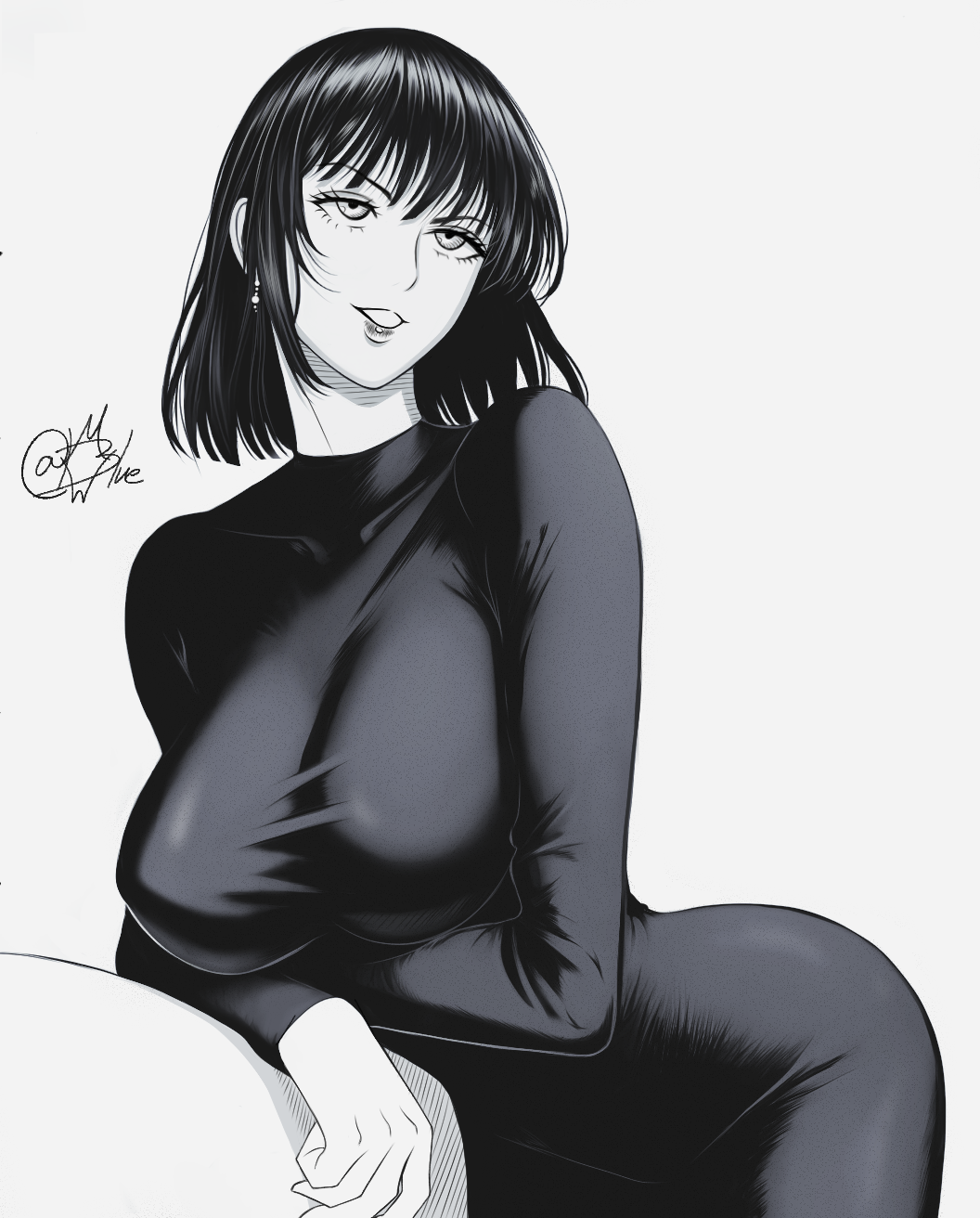 1girl bent_over black_hair blunt_bangs breasts dress fubuki_(one-punch_man) greyscale highres large_breasts leaning_forward monochrome mostlybluewyatt narrow_waist one-punch_man parted_lips short_hair signature smile solo tight_clothes twitter_username white_background wide_hips