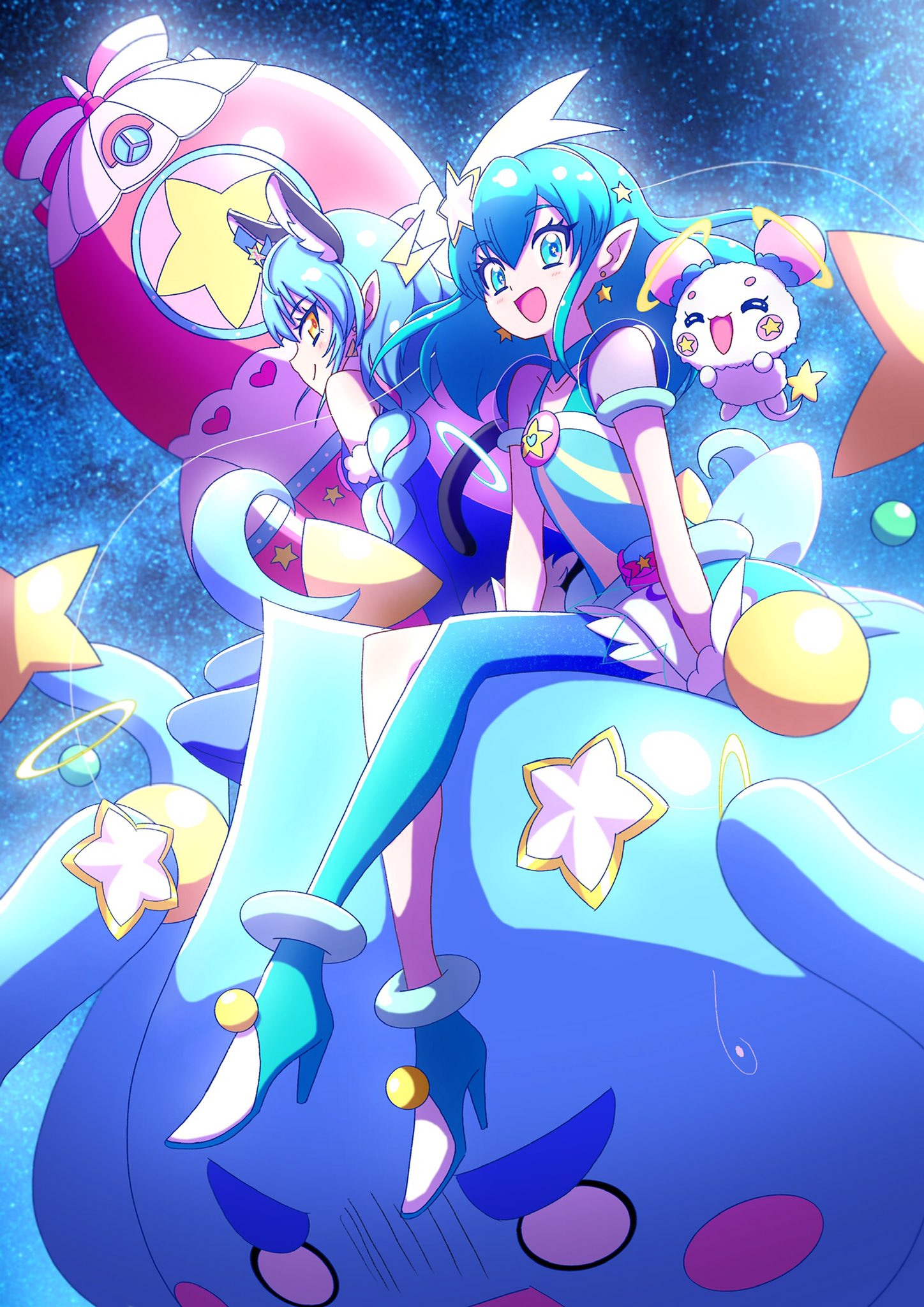 2girls animal_ears blue_dress blue_eyes blue_hair blue_panties braid cat_ears closed_mouth commentary cure_cosmo cure_milky dress ear_piercing earrings floating fuwa_(precure) hagoromo_lala hair_ornament highres jewelry long_hair low_twin_braids magical_girl mao_(precure) medium_hair multicolored_hair multiple_girls open_mouth panties piercing pink_hair pointy_ears pouch precure prunce_(precure) see-through see-through_sleeves short_dress short_sleeves single_leg_pantyhose sitting smile space spacecraft star_(symbol) star_earrings star_hair_ornament star_twinkle_precure streaked_hair twin_braids underwear zerolay