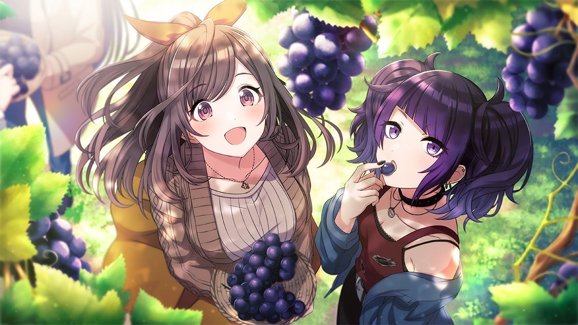 2girls :d basket black_choker black_nails blue_jacket blunt_bangs blurry bow breasts brown_bow brown_cardigan brown_hair brown_shirt brown_skirt cable_knit cardigan choker collarbone day depth_of_field diagonal_bangs eating food from_above fruit game_cg grapes hair_bow holding holding_basket idolmaster idolmaster_shiny_colors jacket jewelry large_breasts leaf long_hair looking_up multiple_girls nature necklace off_shoulder official_art outdoors pink_eyes ponytail purple_hair red_tank_top ribbed_shirt shirt short_twintails sidelocks skirt small_breasts smile tanaka_mamimi tank_top tsukioka_kogane twintails upper_body violet_eyes
