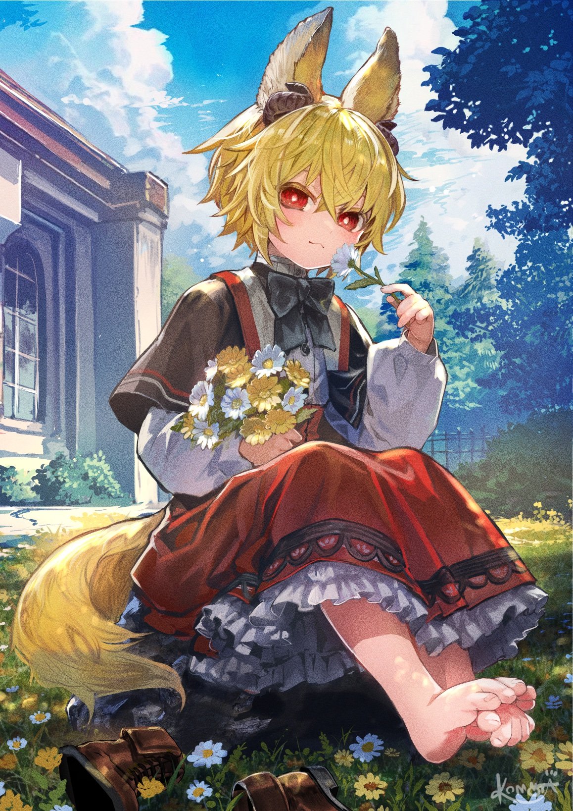 1girl animal_ears barefoot blonde_hair blue_sky blush bouquet bright_pupils building clouds day dress feet flower fox_ears fox_tail full_body grass highres holding holding_bouquet holding_flower horns komota_(kanyou_shoujo) long_sleeves looking_at_viewer nature original outdoors red_eyes shoes shoes_removed short_hair sitting sky smile solo tail toes tree white_pupils