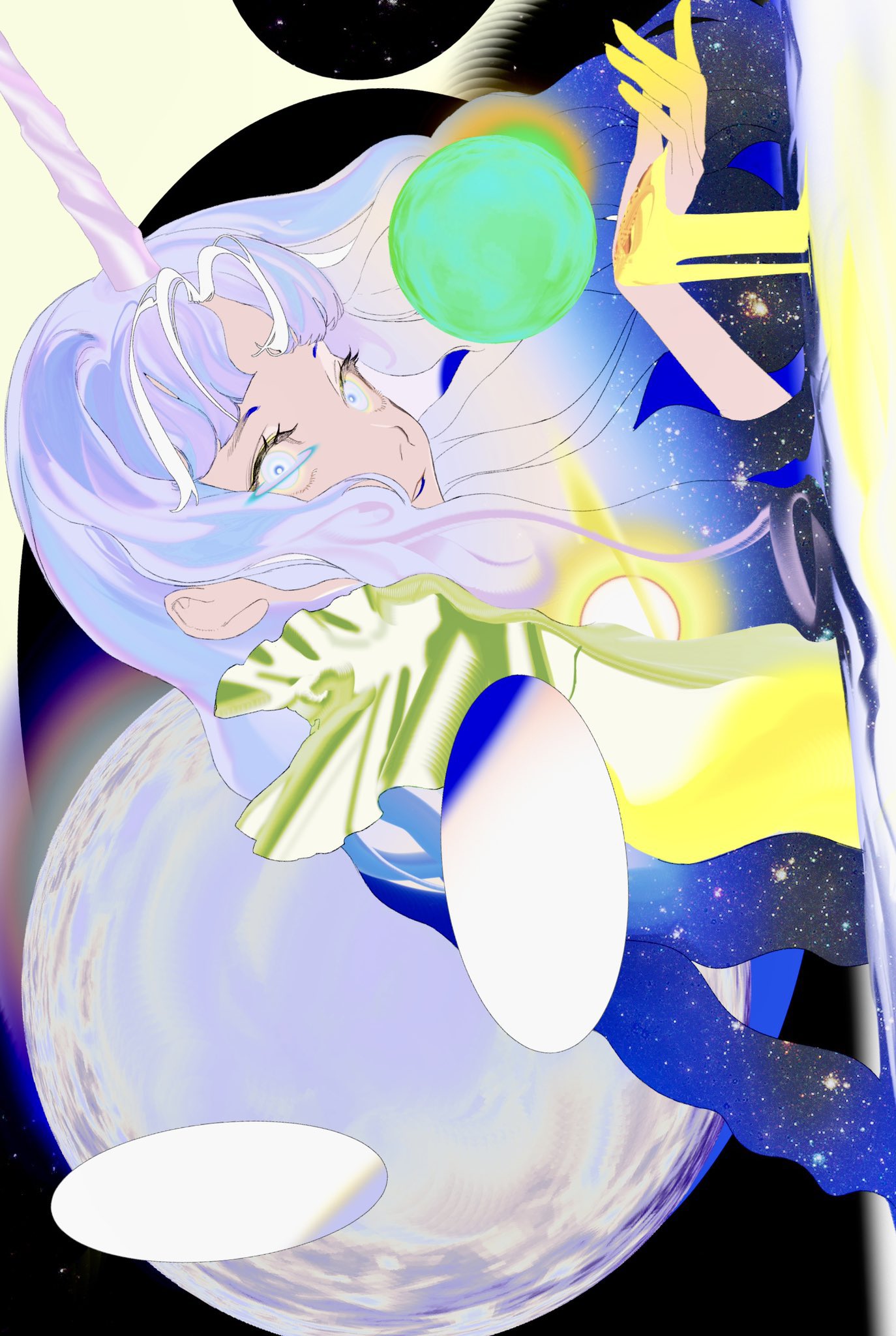 1girl blue_eyes colorful highres horns ka9_qq light_purple_hair long_hair long_sleeves looking_at_viewer moon multicolored_eyes multicolored_hair original parted_bangs parted_lips patterned_clothing planet sand scarf sidelocks single_horn solo star_(sky) star_(symbol) sun universe upper_body violet_eyes