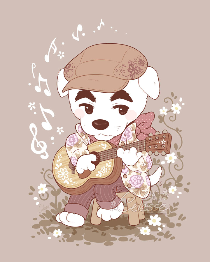 1boy :3 acoustic_guitar animal_crossing artist_name bandana beamed_eighth_notes blush blush_stickers brown_background brown_headwear brown_pants buttons cabbie_hat closed_mouth commentary dog_boy eighth_note english_commentary floral_print flower furry furry_male grass guitar half_note hat holding holding_instrument instrument jacket k.k._slider_(animal_crossing) long_sleeves male_focus music musical_note on_stool open_clothes open_jacket pants plant playing_instrument polka_dot polka_dot_bandana print_jacket red_bandana samantha_whitten signature simple_background sitting smile solo stool striped striped_pants treble_clef vertical-striped_pants vertical_stripes vines white_flower white_jacket
