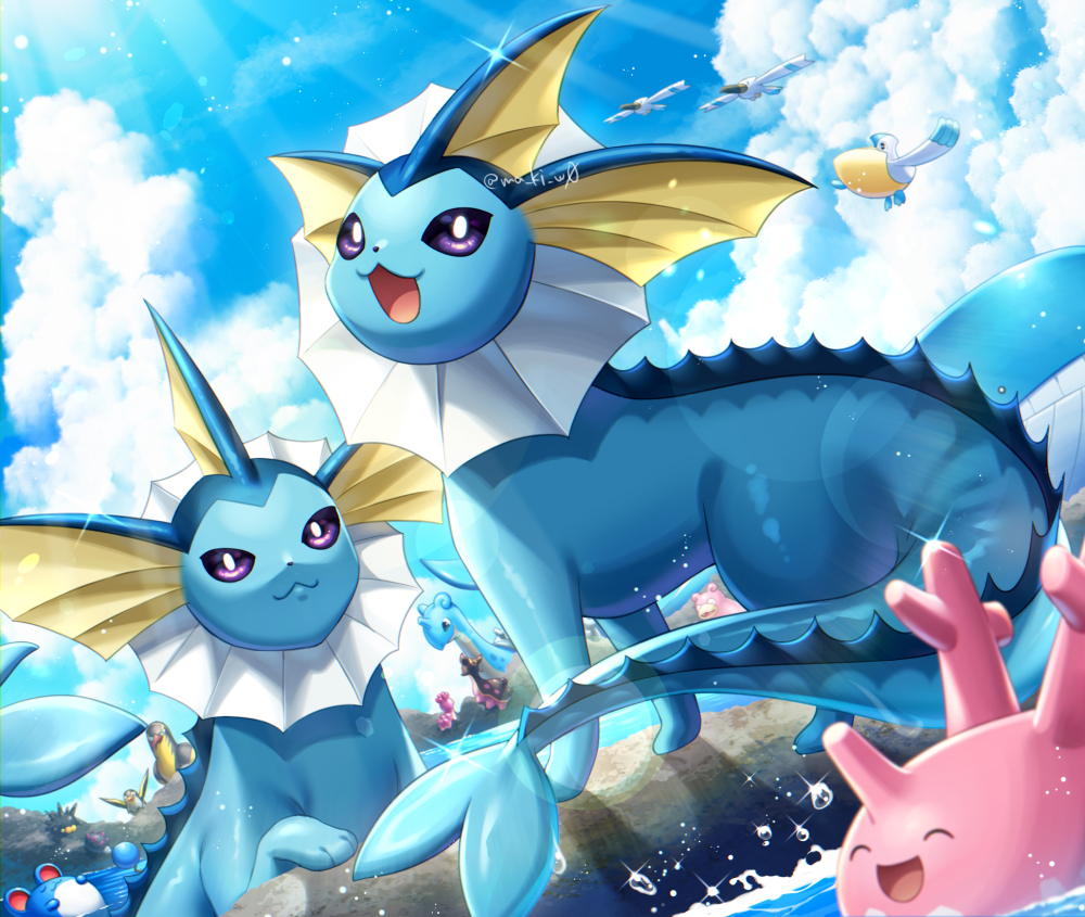 :3 :d bright_pupils clouds commentary_request corsola day gastrodon kamuinii kilowattrel lapras light_rays marill no_humans open_mouth outdoors pelipper pincurchin pokemon pokemon_(creature) shellos sky smile sparkle tongue vaporeon violet_eyes water water_drop wattrel white_pupils wingull