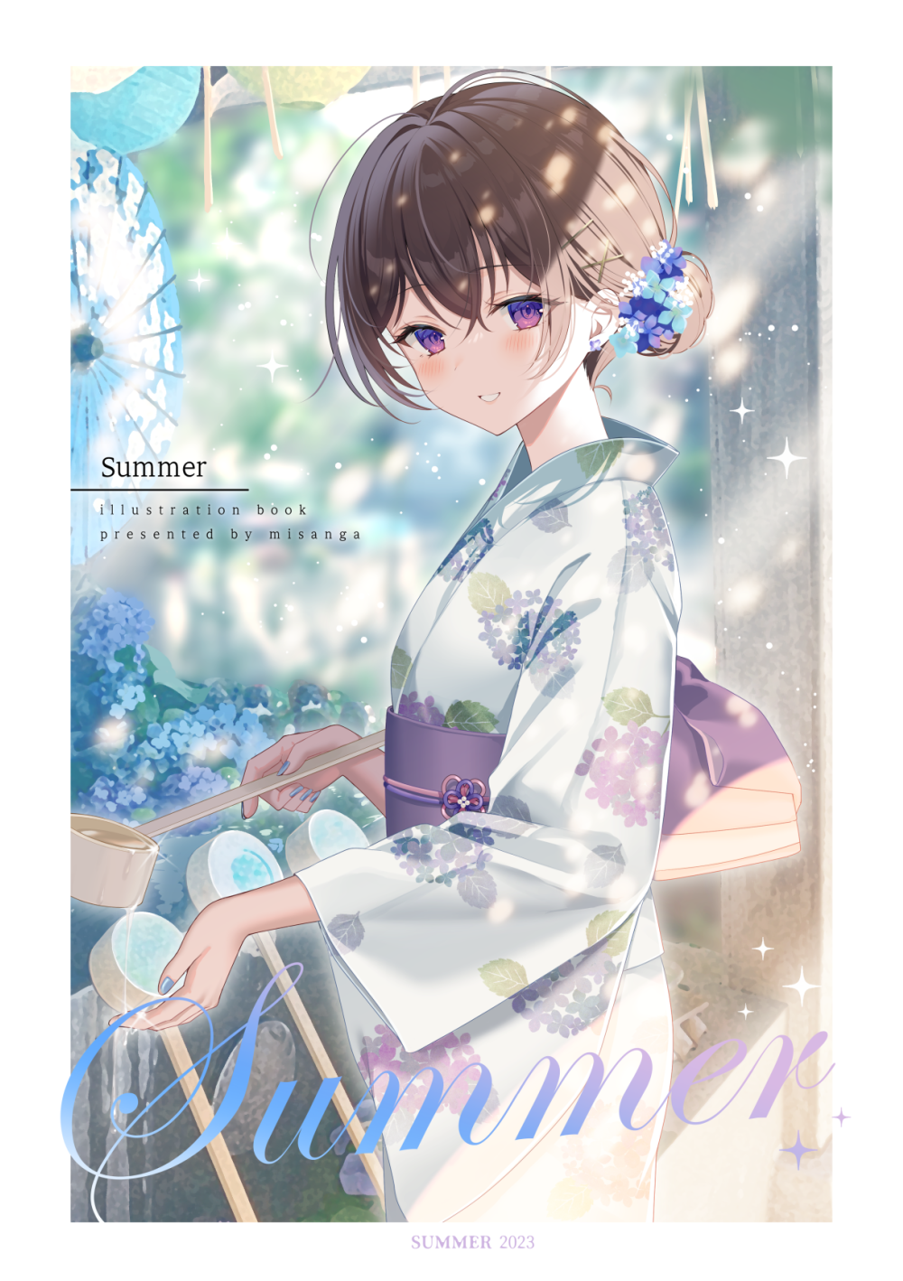 1girl blue_flower blue_nails comiket_102 commentary_request cover cover_page floral_print flower hair_bun hair_flower hair_ornament hairclip highres japanese_clothes kimono long_sleeves looking_at_viewer looking_to_the_side myusha nail_polish obi original print_kimono sash smile solo white_flower white_kimono wide_sleeves x_hair_ornament yukata