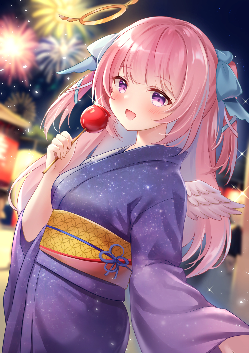 1girl :d blue_ribbon blush commentary_request commission fireworks food hair_ribbon halo highres holding holding_food indie_virtual_youtuber japanese_clothes kimono long_hair looking_at_viewer mashiro_mayu night night_sky nikoo obi official_art outdoors pink_hair pixiv_commission purple_kimono ribbon sash sky smile solo star_(sky) starry_sky summer_festival two_side_up violet_eyes virtual_youtuber white_wings wings yellow_halo yukata