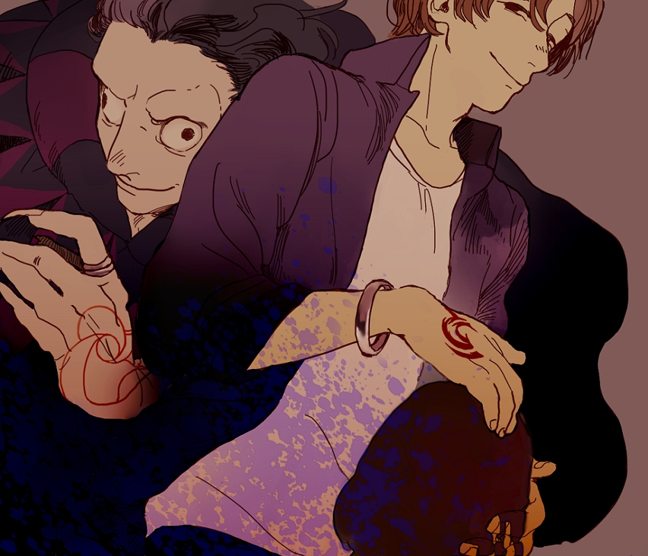 2boys black_eyes bracelet collared_shirt command_spell dutch_angle evil_smile fate/zero fate_(series) fingernails gilles_de_rais_(caster)_(fate) hair_slicked_back hand_up head_out_of_frame jewelry large_hands layered_shirt looking_at_viewer male_focus multiple_boys musikolis no_eyebrows orange_hair ring sharp_fingernails shirt smile upper_body uryuu_ryuunosuke