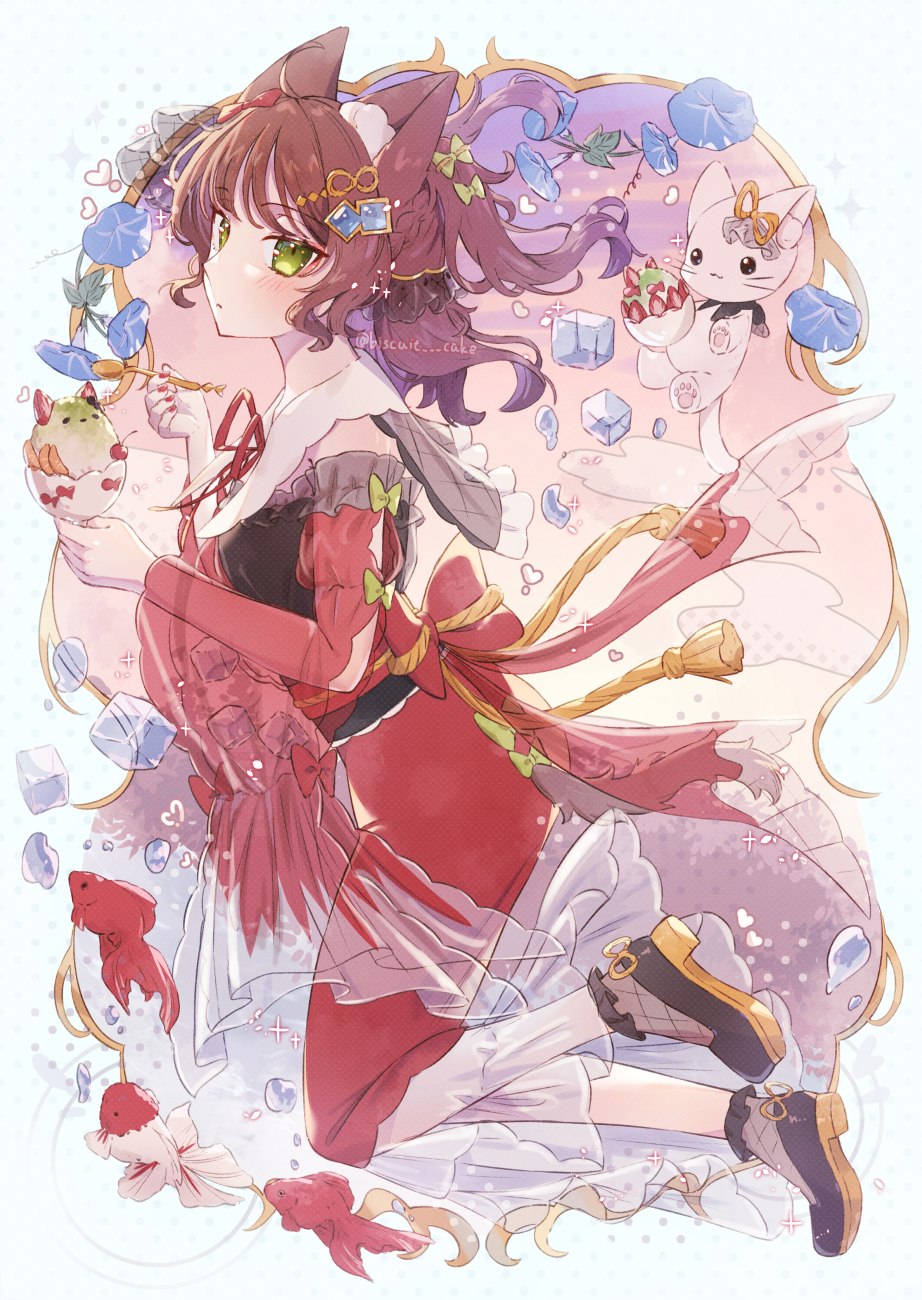 1girl animal-themed_food animal_ears back_bow blue_flower blush bow brown_footwear brown_hair cat cat_ears cat_girl cat_tail closed_mouth detached_collar dress falling_petals flower food from_side fruit green_eyes highres holding holding_food holding_spoon ice ice_cube kneeling long_bangs long_dress long_hair long_sleeves neck_ribbon off-shoulder_dress off_shoulder one_side_up original petals raised_eyebrows red_bow red_dress red_ribbon ribbon shaved_ice shoes sidelocks simple_background solo spoon strawberry strawberry_slice tail tsukumi_bis white_background white_cat wispy_bangs