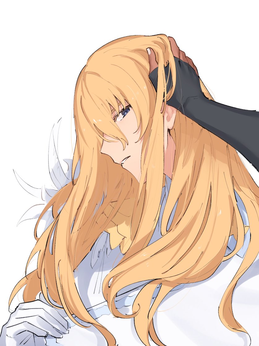 1boy black_gloves blonde_hair blue_eyes caenis_(fate) cape cape_grab clothes_grab fate/grand_order fate_(series) feathers fingerless_gloves gloves hand_in_another's_hair hand_on_another's_head kirschtaria_wodime long_hair looking_at_viewer looking_to_the_side male_focus nail_polish parted_lips profile sabamori simple_background upper_body white_background white_cape white_feathers white_gloves white_nails